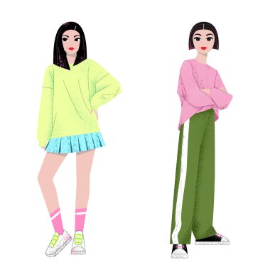 Değişik modern kıyafetler giyen iki güzel genç moda kızı, bulanık desenli renkli vektör çizimleri.