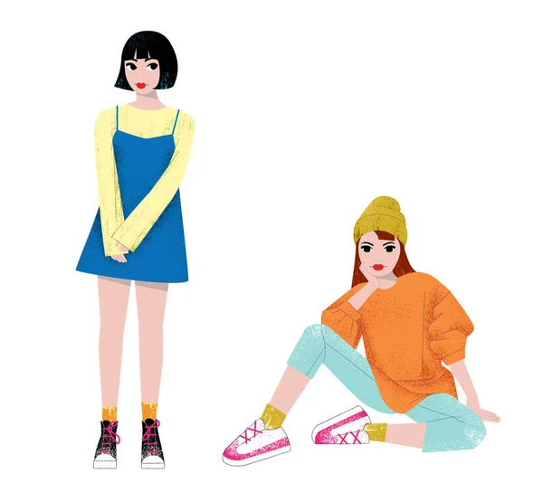Zwei Schöne Teenager Mode Mädchen Verschiedenen Modernen Lässigen Outfits Bunte — Stockvektor