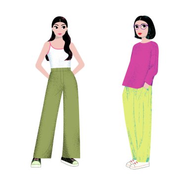 Değişik modern kıyafetler giyen iki güzel genç moda kızı, bulanık desenli renkli vektör çizimleri.
