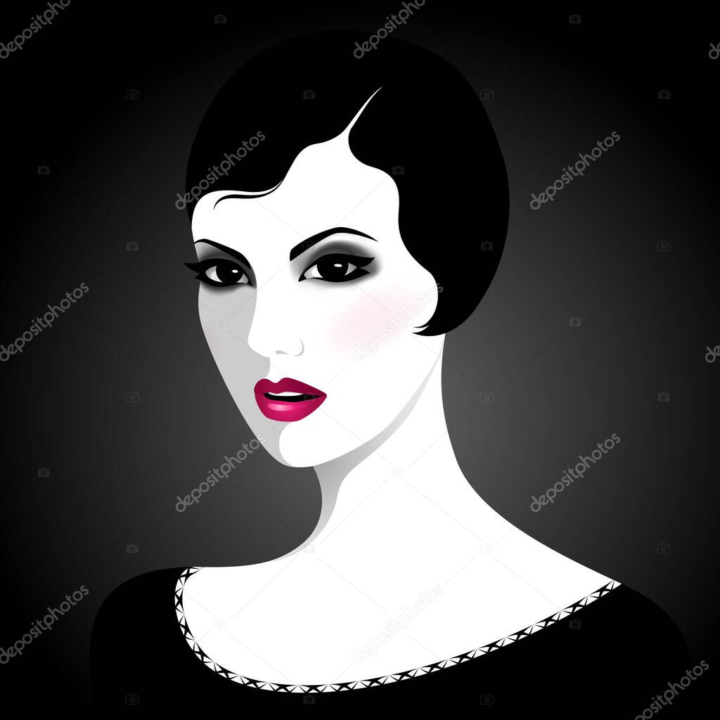 Simple vector portrait of elegant mysterious young woman with short wavy black hair and deep dark eyes wearing black dress against dark background, illustration in retro style