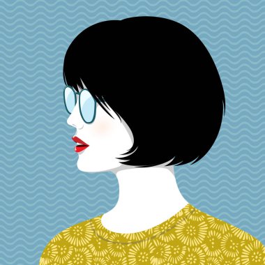 Kısa siyah saçlı, gözlük takan ve mavi arkaplan ile mavi desenli soyut çiçek desenli elbise giyen güzel bir kadının basit vektör portresi.