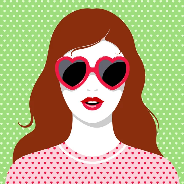 ハート型の赤いサングラスをかけた美しい若い女性のベクトル肖像 ハート型の緑の背景とピンクのドレスを身に着けている — ストックベクタ