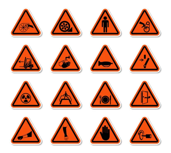 Háromszög alakú figyelmeztető figyelmeztető szimbólumok címkék jel izolált fehér háttér, vektor illusztráció — Stock Vector