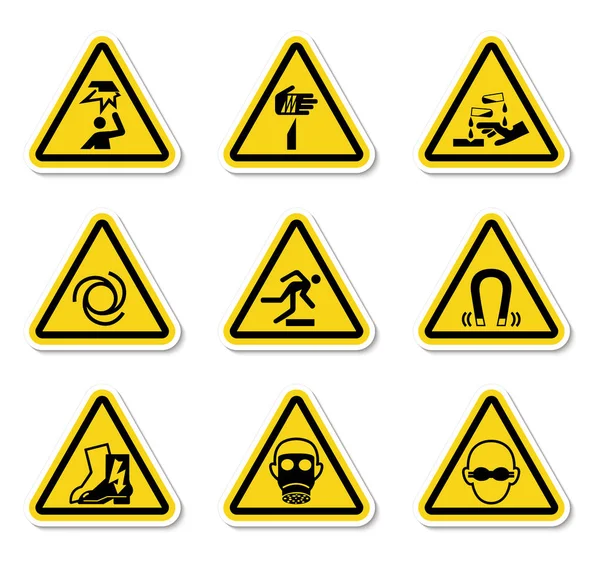 Driehoekige waarschuwing gevaarsymbolen labels op witte achtergrond — Stockvector