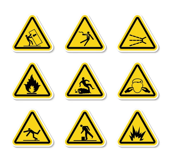 Üçgen Uyarı Tehlike Sembolleri etiketleri Beyaz Arka Planda — Stok Vektör