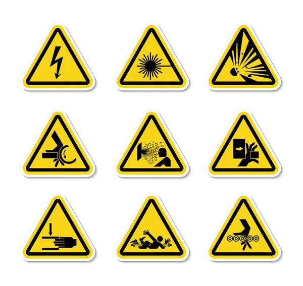 Triangular Warning Hazard Symbols labels On White Background — Stock Vector