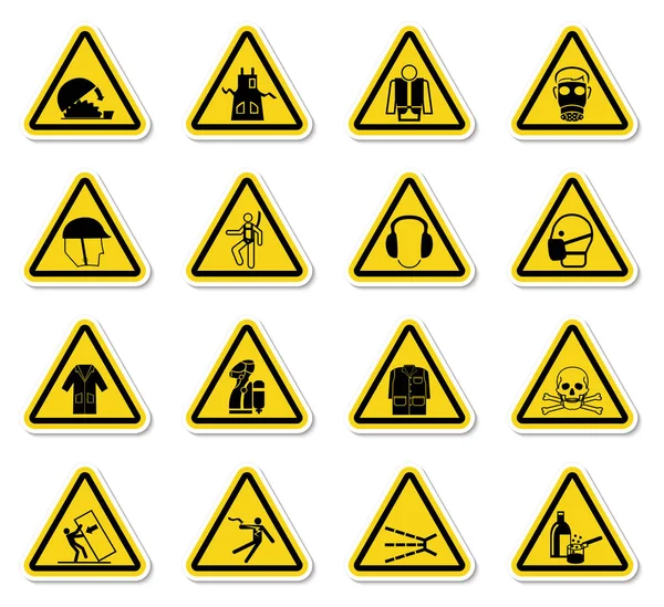 Warnhinweise Gefahrensymbole Etiketten Zeichen Isolat auf weißem Hintergrund, Vektorillustration — Stockvektor