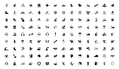 Uyarı işaretleri, endüstriyel tehlike simgesi etiketleri Beyaz Arkaplanda izole edilmiş imza, Vektör Resimleri 