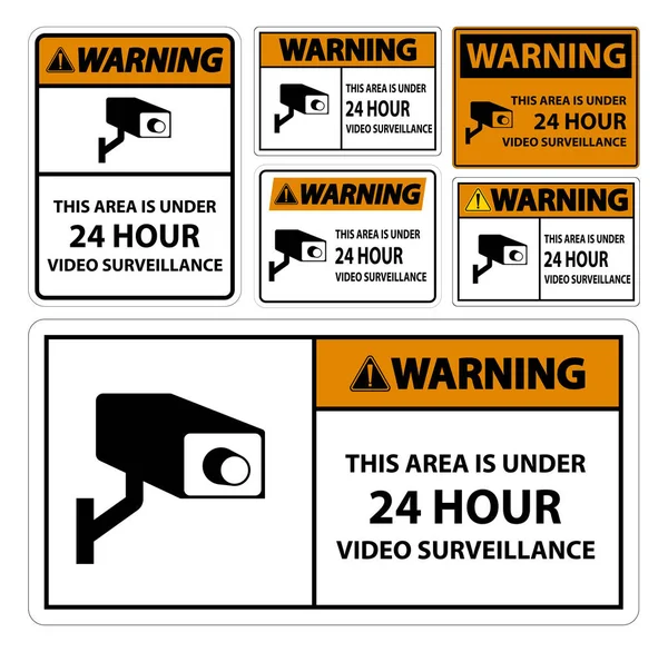 Advertencia de que esta área está bajo 24 horas Signo de símbolo de vigilancia de video aislado sobre fondo blanco, ilustración vectorial — Vector de stock