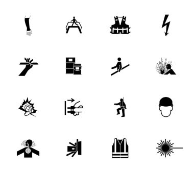 Uyarı işaretleri, endüstriyel tehlike simgesi etiketleri Beyaz Arkaplanda izole edilmiş imza, Vektör Resimleri 