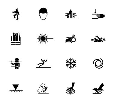 Uyarı işaretleri, endüstriyel tehlike simgesi etiketleri Beyaz Arkaplanda izole edilmiş imza, Vektör Resimleri 