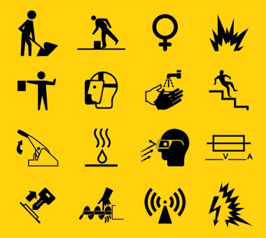 Uyarı işaretleri, endüstriyel tehlike simgesi etiketleri Beyaz Arkaplanda izole edilmiş imza, Vektör Resimleri 