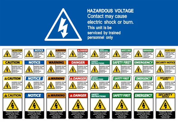 危险电压接触可能会引起电休克或白底燃烧标志 — 图库矢量图片