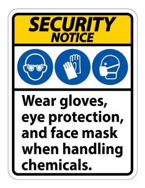 Güvenlik Bildirisi: Eldiven Giyin, Göz Koruması ve Yüz Maskesi İşareti Beyaz Arkaplanda, Vektör İllüstrasyon EPS.10 