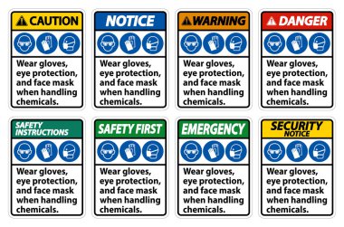 Eldiven giy, Göz Koruması yap, ve Beyaz Arkaplanda Yüz Maskesi İşareti İzole Et, Vektör İllüstrasyon EPS.10 