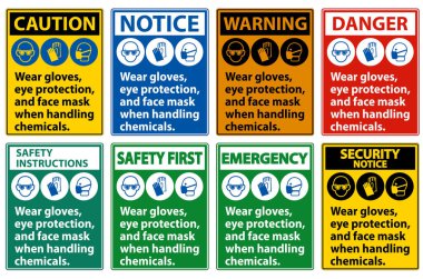 Eldiven giy, Göz Koruması yap, ve Beyaz Arkaplanda Yüz Maskesi İşareti İzole Et, Vektör İllüstrasyon EPS.10 