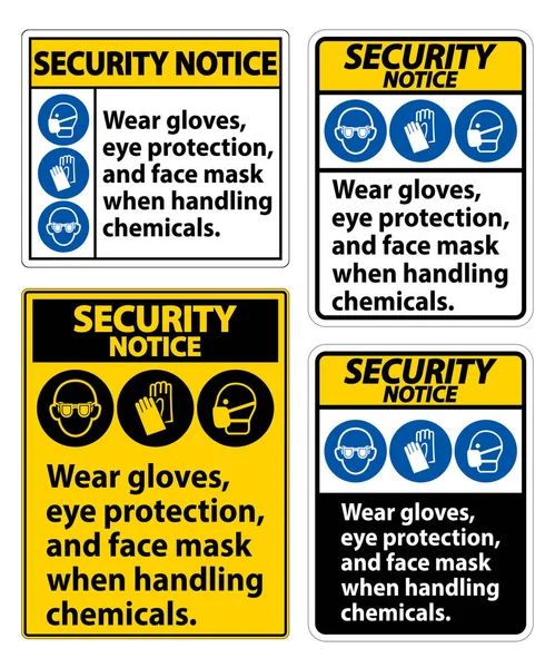 Aviso Seguridad Use Guantes Protección Ocular Signo Máscara Facial Aislados — Vector de stock