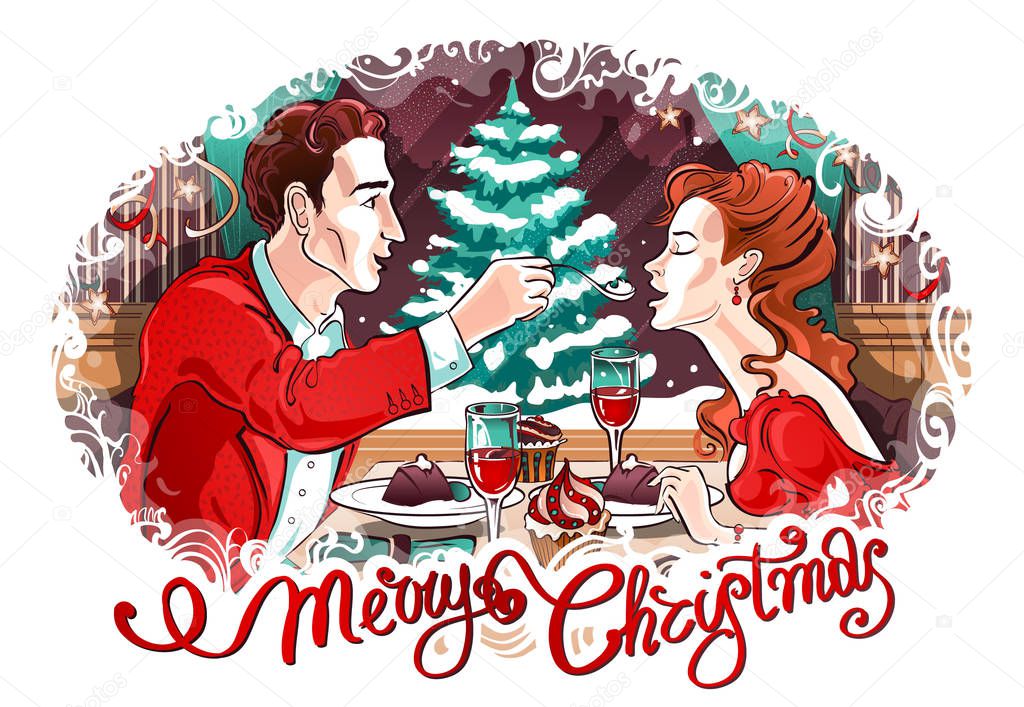 Romantic Christmas Dinner in a restaurant with beautiful couple in love