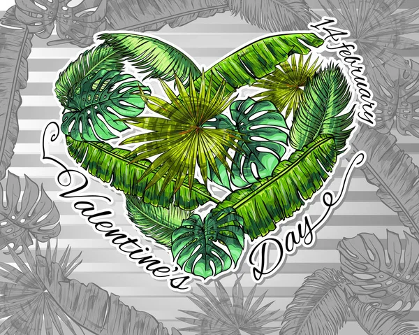 Ilustración vectorial para el día de San Valentín con un fondo estampado brillante de hojas tropicales — Archivo Imágenes Vectoriales
