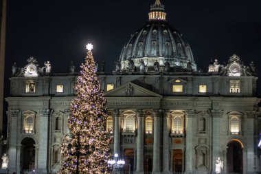 Roma İtalya; 8 Aralık 2019. Piazza San Pietro 'da İsa' nın doğumu sahnesi Trentino 'nun odunuyla tekrarlandı. Arka planda Noel ağacı var..