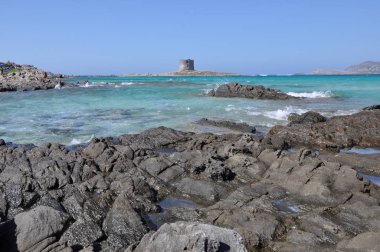 Bulutlu bir günde Sardunya kumsalda La Pelosa