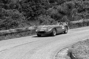 O.S.C.A Tn. 1500 1955 Mille Miglia 2018 rallisindeki eski bir yarış arabasında ünlü İtalyan tarihi yarışı (1927-1957)