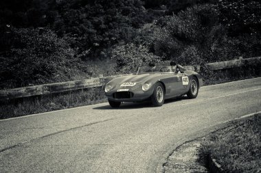 O.S.C.A Tn. 1500 1955 Mille Miglia 2018 rallisindeki eski bir yarış arabasında ünlü İtalyan tarihi yarışı (1927-1957)