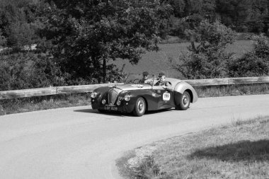 Pesaro Colle San Bartolo, İtalya - 17 Mayıs 2018: Healey 2400 Westland 1950 Mille Miglia 2018 rallisinde eski bir yarış arabası üzerinde ünlü İtalyan tarihi yarışı (1927-1957))