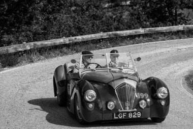 Pesaro Colle San Bartolo, İtalya - 17 Mayıs 2018: Healey 2400 Westland 1950 Mille Miglia 2018 rallisinde eski bir yarış arabası üzerinde ünlü İtalyan tarihi yarışı (1927-1957))