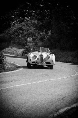 Pesaro Colle San Bartolo, İtalya - 17 Mayıs 2018: Jaguar Xk 140 Ots 1955 Mille Miglia 2018 rallisinde eski bir yarış arabası üzerinde ünlü İtalyan tarihi yarışı (1927-1957))