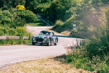 Pesaro Colle San Bartolo, İtalya - Mayıs 17-2018: Fiat 8v 1954 tarihinde eski bir yarış araba ralli Mille Miglia 2018 ünlü İtalyan tarihi Formula (1927-1957)