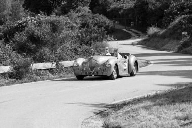 PESARO SAN BARTOLO, İtalya - 17 Mayıs 2018: HeALEY 2400 WESTLAND 1947 Mille Miglia 2018 rallisinde eski bir yarış arabası üzerinde ünlü italyan tarihi yarışı (1927-1957))