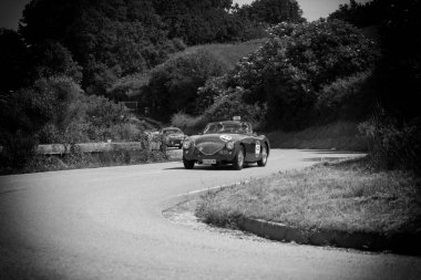 PESARO SAN BARTOLO, İtalya - 17 Mayıs - 2018: AUSTIN HEALEY 100 / 4 BN2 1956 Mille Miglia 2018 rallisindeki eski bir yarış arabası üzerinde ünlü İtalyan tarihi yarışı (1927-1957))