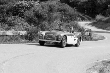 PESARO SAN BARTOLO, İtalya - 17 Mayıs 2018: AUSTIN HEALEY 100 M BN2 1955 Mille Miglia 2018 rallisindeki eski bir yarış arabası üzerinde ünlü İtalyan tarihi yarışı (1927-1957))