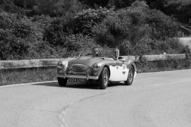PESARO SAN BARTOLO, İtalya - 17 Mayıs 2018: AUSTIN HEALEY 100 M BN2 1955 Mille Miglia 2018 rallisindeki eski bir yarış arabası üzerinde ünlü İtalyan tarihi yarışı (1927-1957))