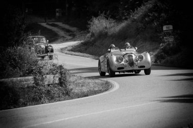 PESARO SAN BARTOLO, İtalya - 17 Mayıs 2018: JAGUAR XK 120 M COMPETİON 1952 Mille Miglia 2018 rallisindeki eski bir yarış arabası üzerinde ünlü İtalyan tarihi yarışı (1927-1957))