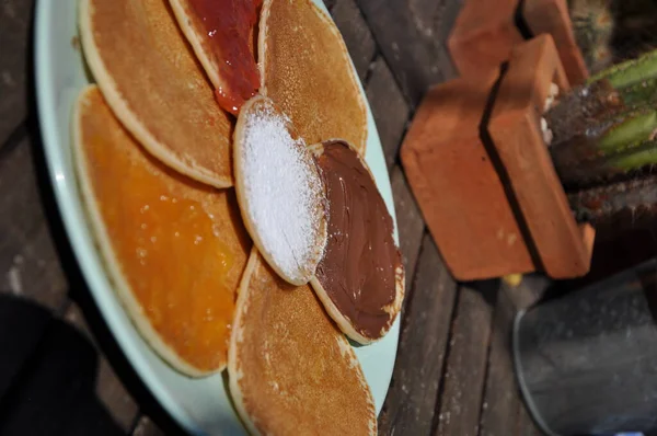 Pancakes Selection Chocolate Marmalade Honey — Stock Photo, Image