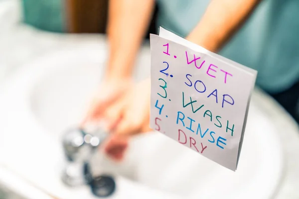 Drawing by a child of the correct steps to follow when washing hands to prevent coronavirus hanging in the sink mirror. Wash your hands.