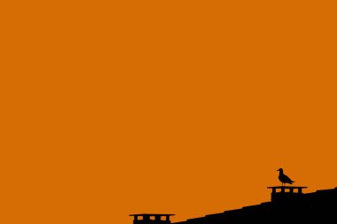 Martı akşamları bir evin çatısının bacasında dinleniyor. Şehirdeki bir evin tepesindeki bir kuşun silüeti. Metin için alanı olan turuncu arkaplan.