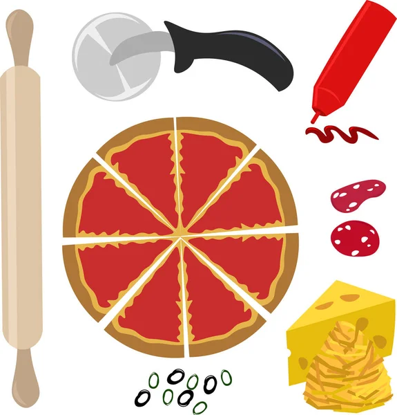 Définir des objets pour la pizza. Couteau, rouleau à pâtisserie, ingrédients. Remplissage — Image vectorielle