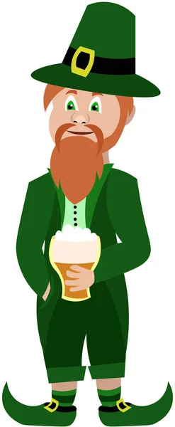 Leprechaun en costume vert et bottes boit de la bière. St Patrick 's — Image vectorielle