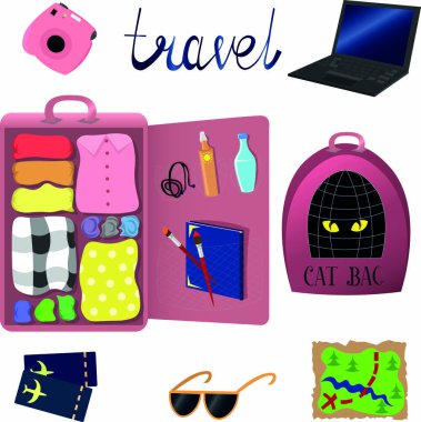 Bagaj ve seyahat eşyaları. Kedi çantası. Sıcak ülkelere bir gezi. Uçak bileti ve harita. Harf.