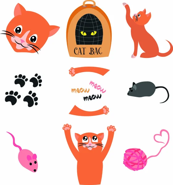 赤い猫をセット おもちゃやバッグ 糸の玉 マウス — ストックベクタ