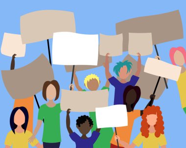 Posterleri olan bir grup protestocu. Konum, gereksinimler