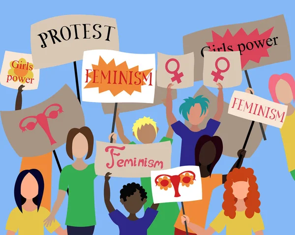 Eine Gruppe Protestierender Menschen Mit Plakaten Position Voraussetzungen Feminismus Girls — Stockvektor