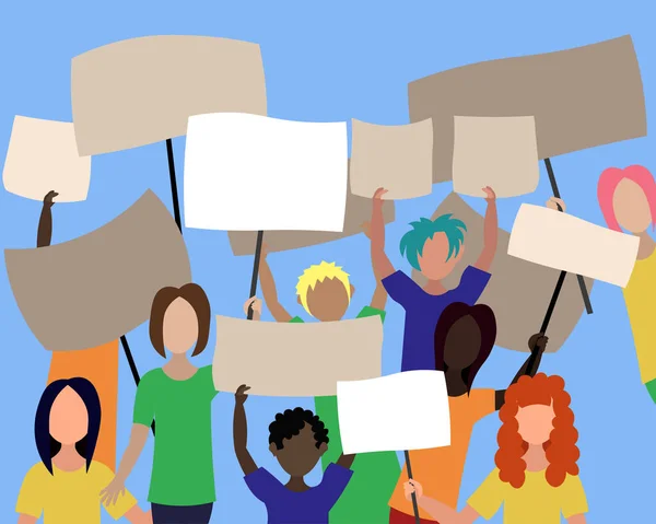 Egy Csoport Tiltakozó Ember Plakátokkal Helyzet Követelmények — Stock Vector