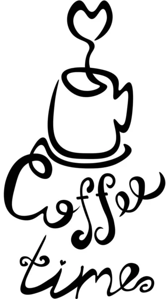 一个线条画。咖啡时间。带着一颗心的杯标志设计. — 图库矢量图片