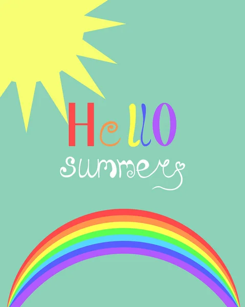 Hallo Sommer. Leuchtende Postkarte. Blauer Himmel, Sonne und Regenbogen. Design-Flyer, Werbung. — Stockvektor