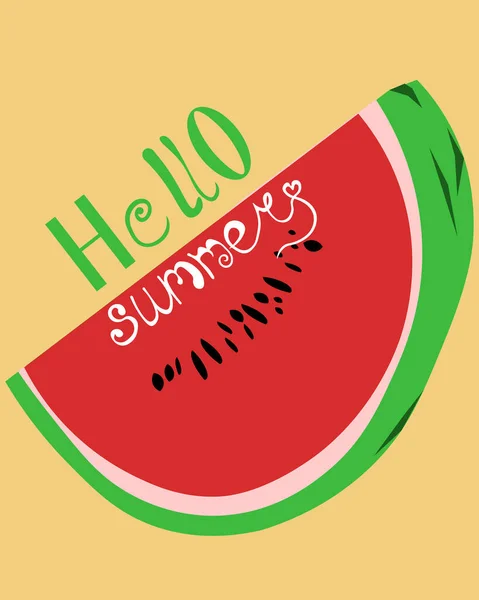 Hallo Sommer. Leuchtende Postkarte. Gelber Hintergrund und Wassermelone. Design-Flyer, Werbung. — Stockvektor