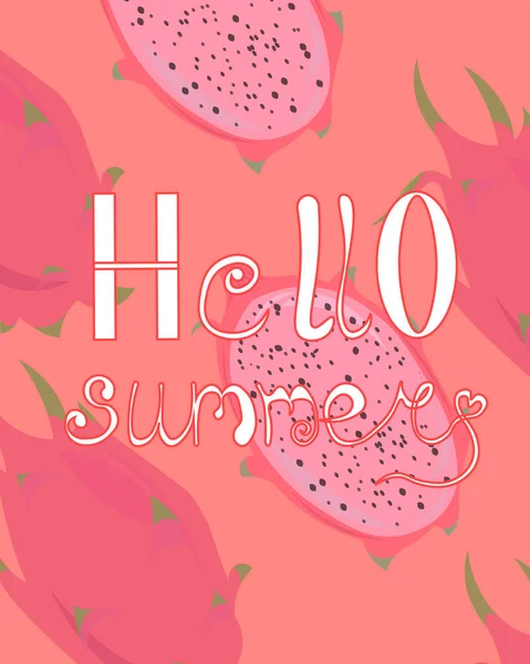 Hola verano. Una postal brillante. Fondo rosa y pitaya. Folleto de diseño, publicidad . — Archivo Imágenes Vectoriales